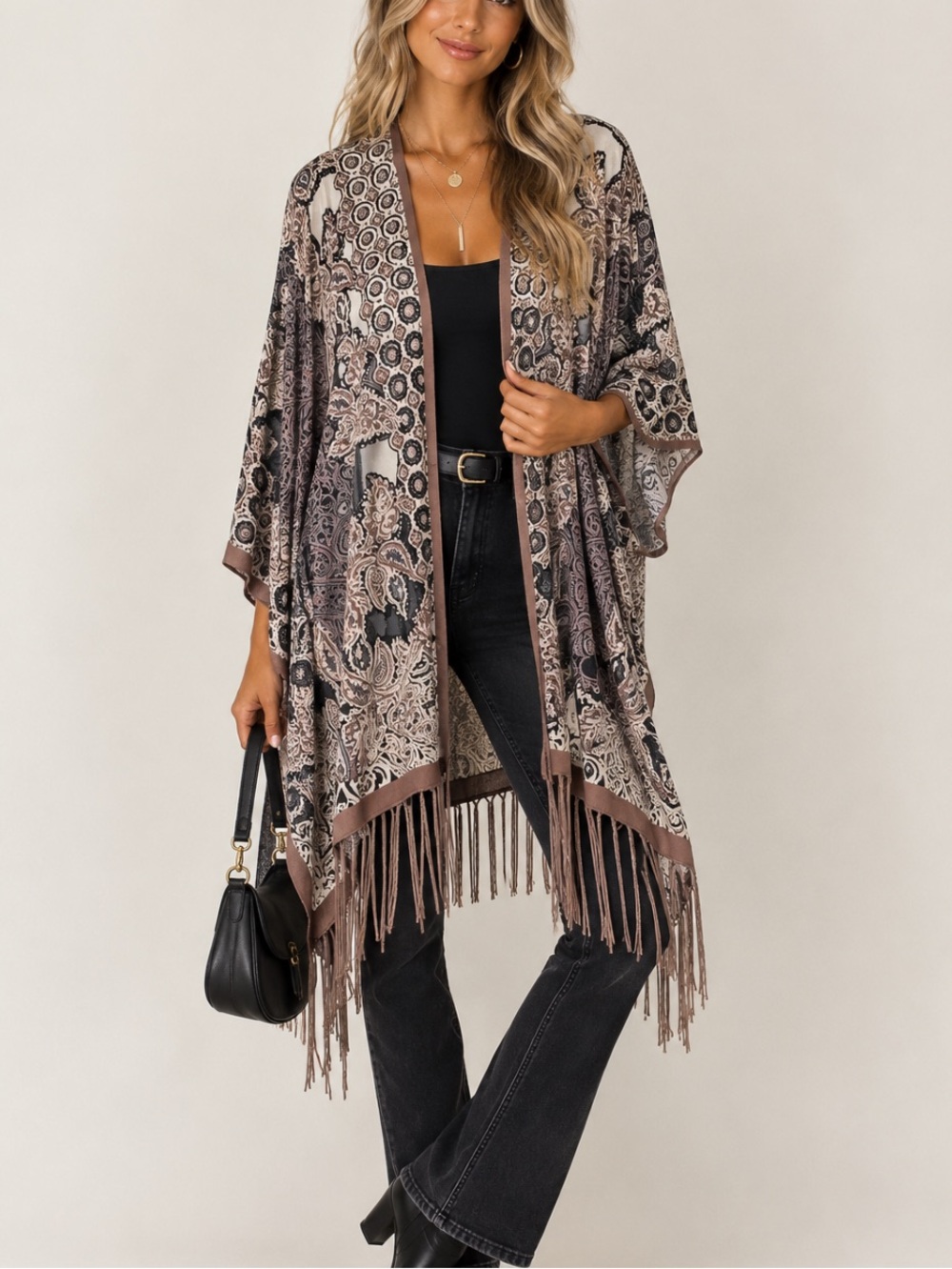 Origami by Vivian Black Brown Burnt Kimono Beaded Brown Fringe Dark Romantic OS